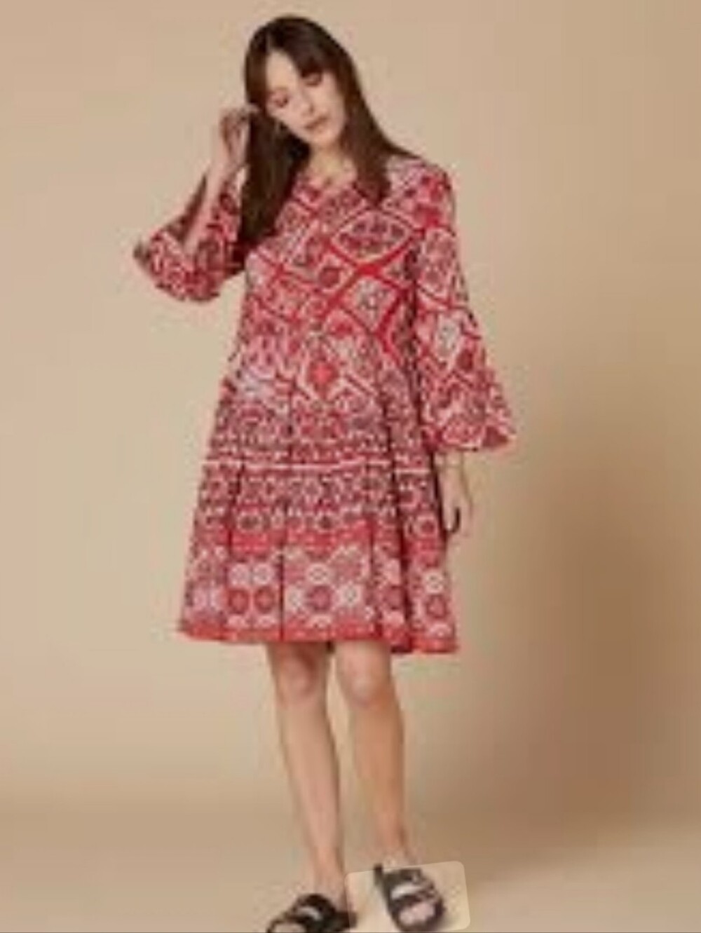 Sugarl!pS Rayon Red Patterned Bell Sleeve Fully Lined Boho Dress Size Medium